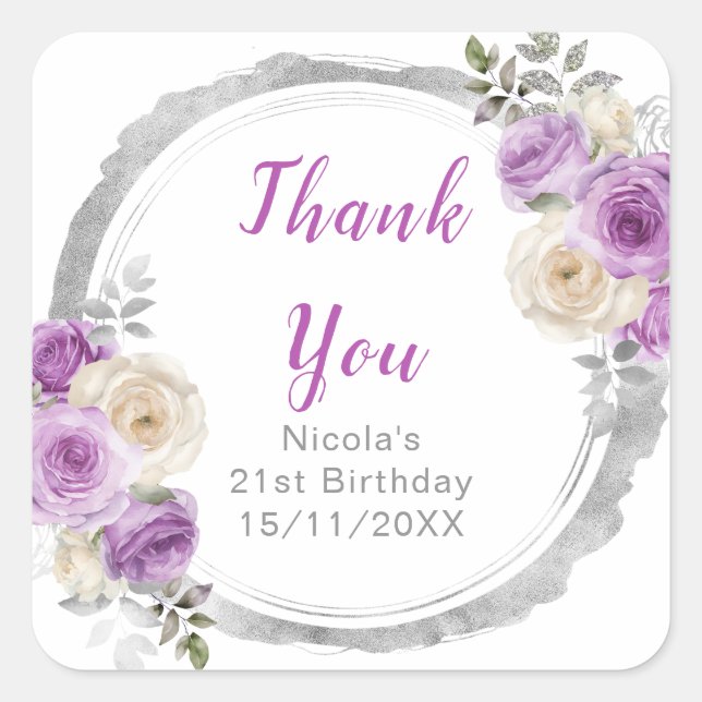 Purple and Silver Elegant Flowers Birthday Square Sticker (Front)