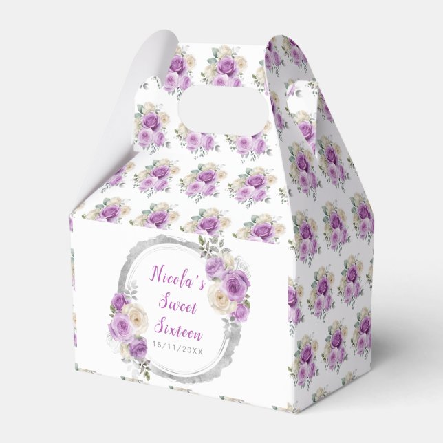 Purple and Silver Elegant Flowers Sweet Sixteen Favor Box (Front Side)