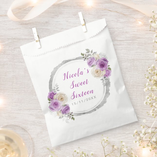 Purple and Silver Elegant Flowers Sweet Sixteen Favour Bag (Clipped)