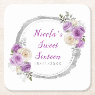 Purple and Silver Elegant Flowers Sweet Sixteen Square Paper Coaster