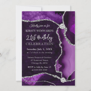 Purple and Silver Faux Glitter Agate Birthday Invitation
