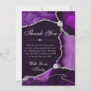 Purple and Silver Faux Glitter Agate Sweet 16 Thank You Card