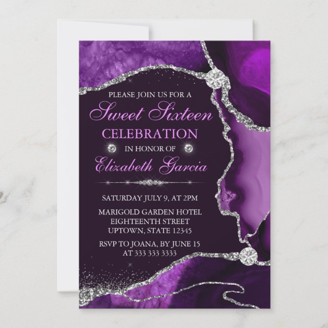Purple and Silver Faux Glitter Agate Sweet Sixteen Invitation (Front)