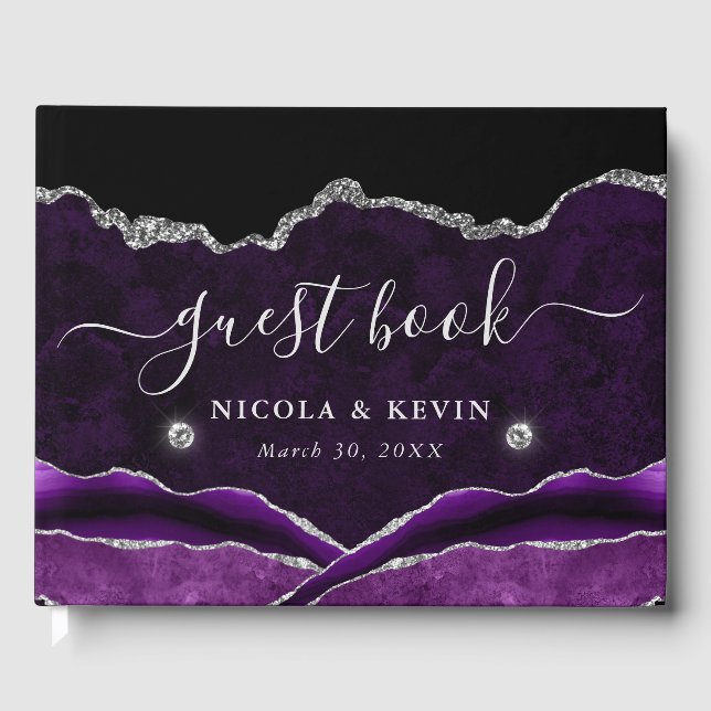 Purple and Silver Faux Glitter Agate Wedding Guest Book (Front)