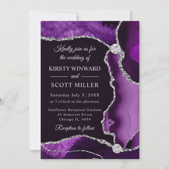 Purple and Silver Faux Glitter Agate Wedding Invitation (Front)