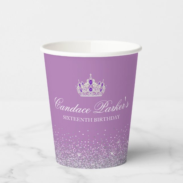 Purple and Silver Faux Glitter Custom Paper Cup (Left)