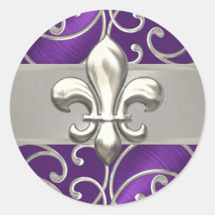 Purple and Silver Filigree Swirls Fleur de Lis Classic Round Sticker