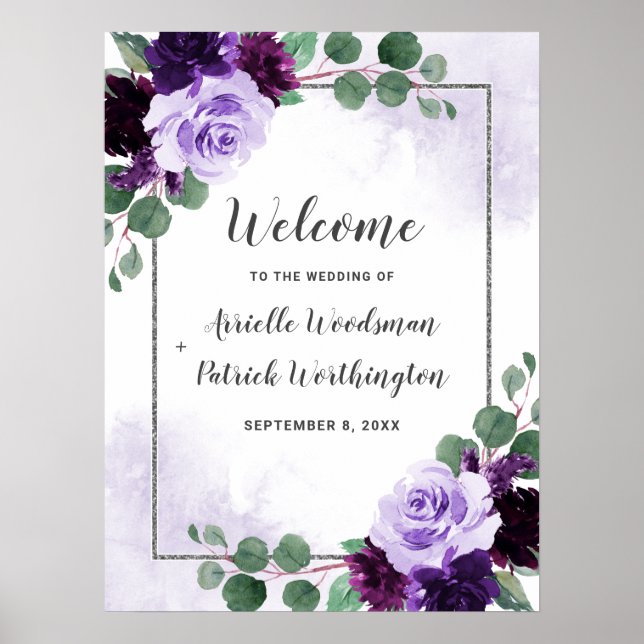 Purple and Silver Floral Boho Wedding Welcome Sign (Front)