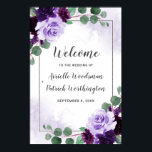 Purple and Silver Floral Boho Wedding Welcome Sign<br><div class="desc">Features eucalyptus sprigs and other botanical leaves over a printed silver border that's also decorated with elegant peonies, roses and other floral elements in various light and dark shades of purple. The background is a dusty purple watercolor wash. You can fully customize the text to the font, colour, etc. to...</div>