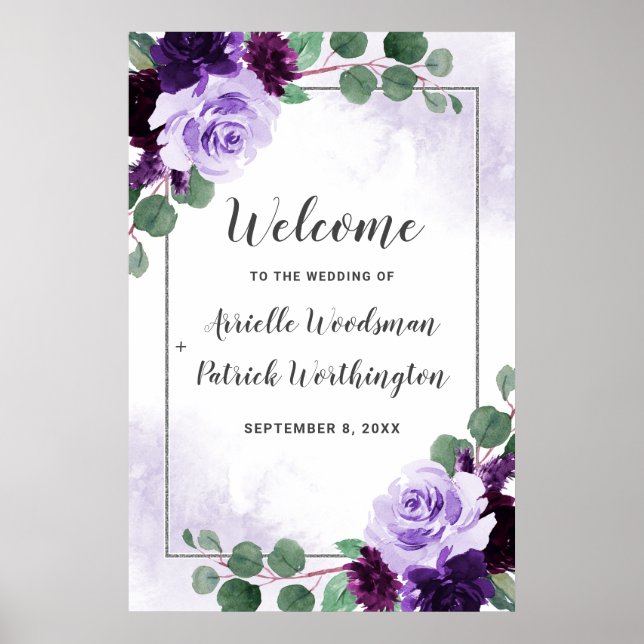 Purple and Silver Floral Boho Wedding Welcome Sign (Front)