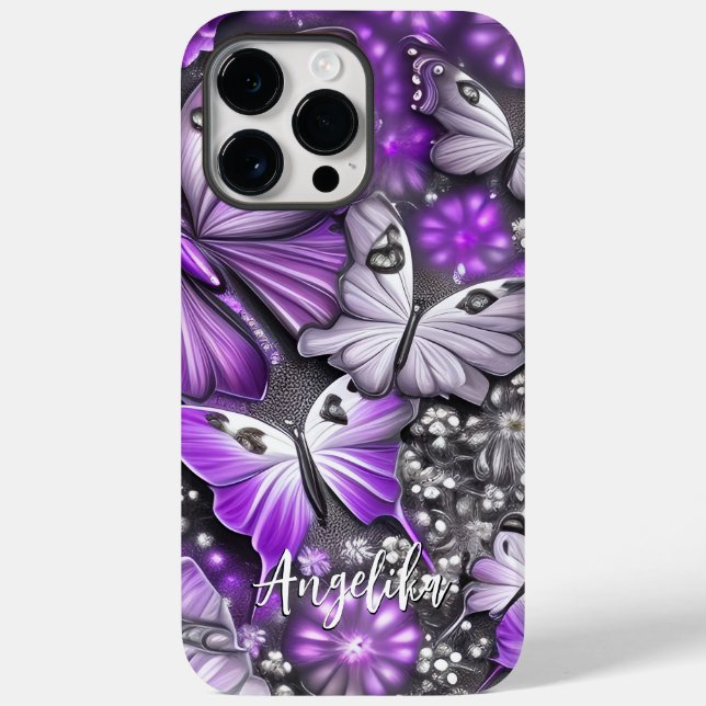 Purple and Silver Floral Butterfly Custom Name Case-Mate iPhone Case (Back)