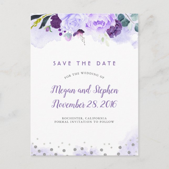 Purple and Silver Floral Elegant Save the Date Announcement Postcard (Front)