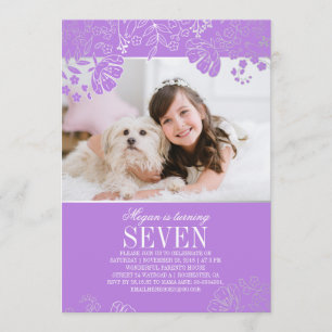 Purple and Silver Floral Photo Birthday Party Invitation