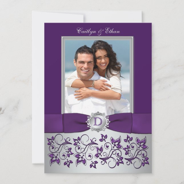 Purple and Silver Floral Photo Wedding Invitation (Front)