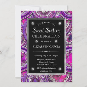 Purple and SIlver Geode Agate Frame Sweet 16 Invitation
