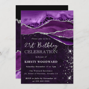 Purple and Silver Glitter Agate 21st Birthday Invitation