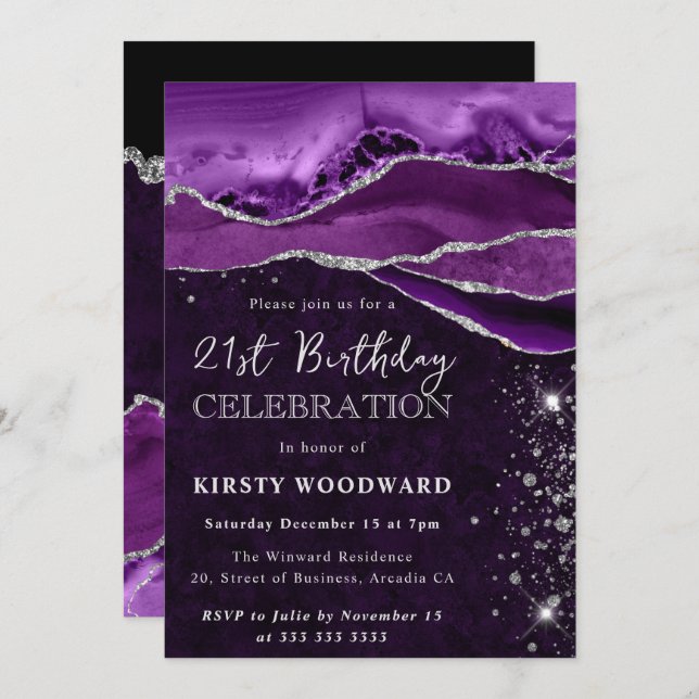 Purple and Silver Glitter Agate 21st Birthday Invitation (Front/Back)