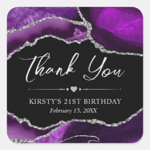 Purple and Silver Glitter Agate Birthday Party Square Sticker