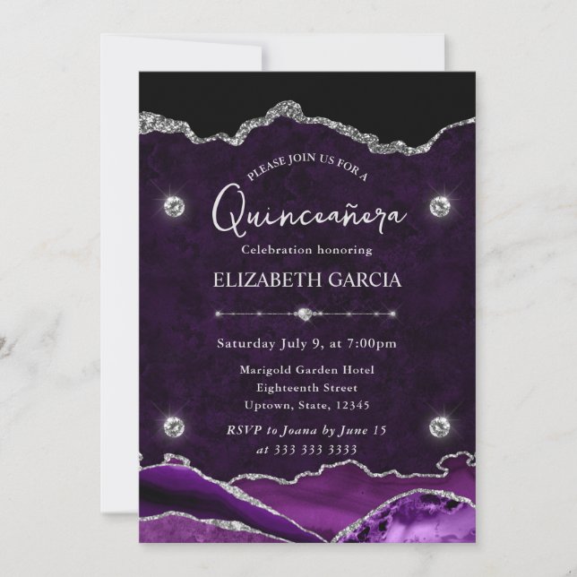 Purple and Silver Glitter Agate Quinceanera Invitation (Front)