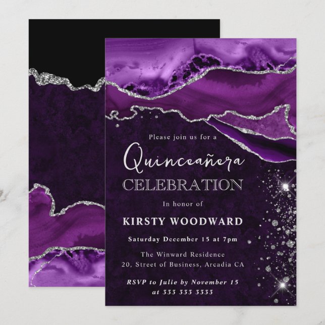 Purple and Silver Glitter Agate Quinceanera Invitation (Front/Back)
