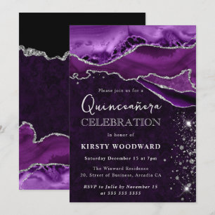 Purple and Silver Glitter Agate Quinceanera Invitation