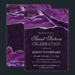 Purple and Silver Glitter Agate Sweet 16 Invitation<br><div class="desc">Vibrant purple agate layers sweep across the design with natural gemstone banding, accented by shimmering silver glitter edges for a luxurious, light‑catching finish. Elegant typography combines a graceful script with bold serif details, creating a sophisticated and festive look. Perfect for milestone celebrations, this design radiates modern elegance and sparkle—ideal for...</div>