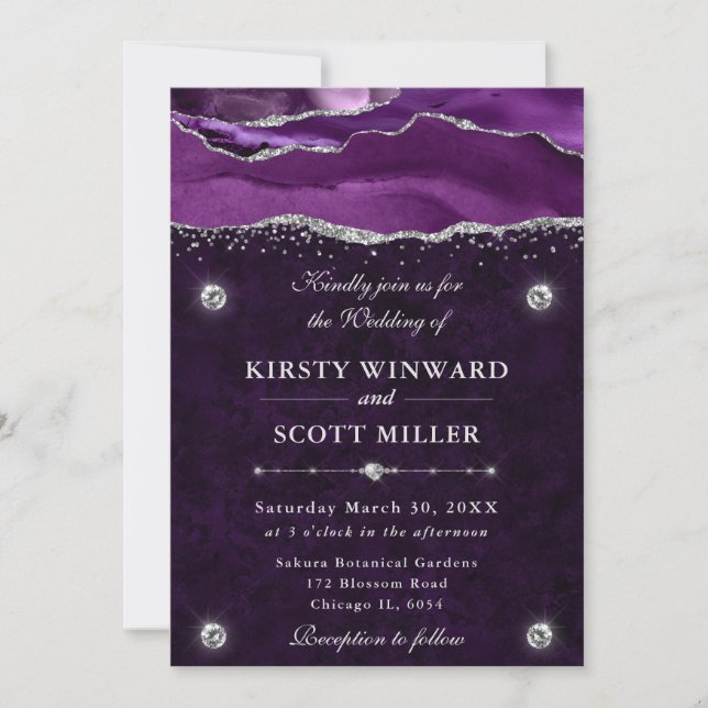 Purple and Silver Glitter Agate Wedding Invitation (Front)
