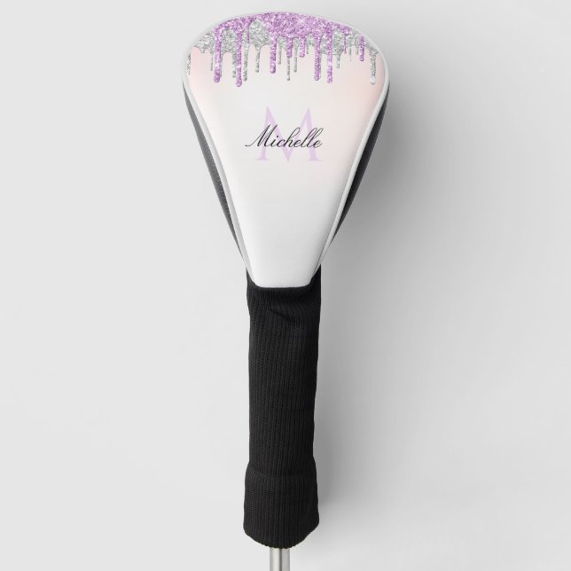 purple and silver glitter drip trendy monogram golf head cover (Front)