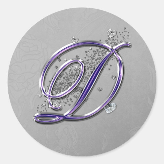 Purple and Silver Glitter Fancy Script Monogram D Classic Round Sticker (Front)