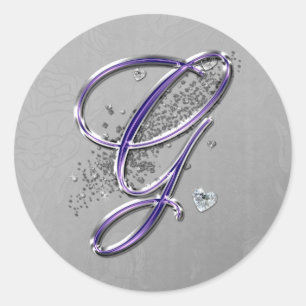 Purple and Silver Glitter Fancy Script Monogram G Classic Round Sticker