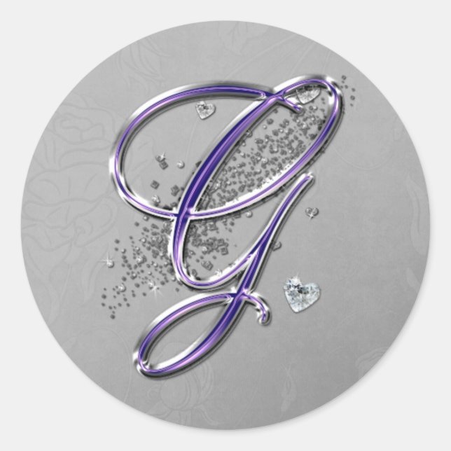 Purple and Silver Glitter Fancy Script Monogram G Classic Round Sticker (Front)