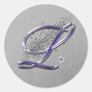 Purple and Silver Glitter Fancy Script Monogram L Classic Round Sticker