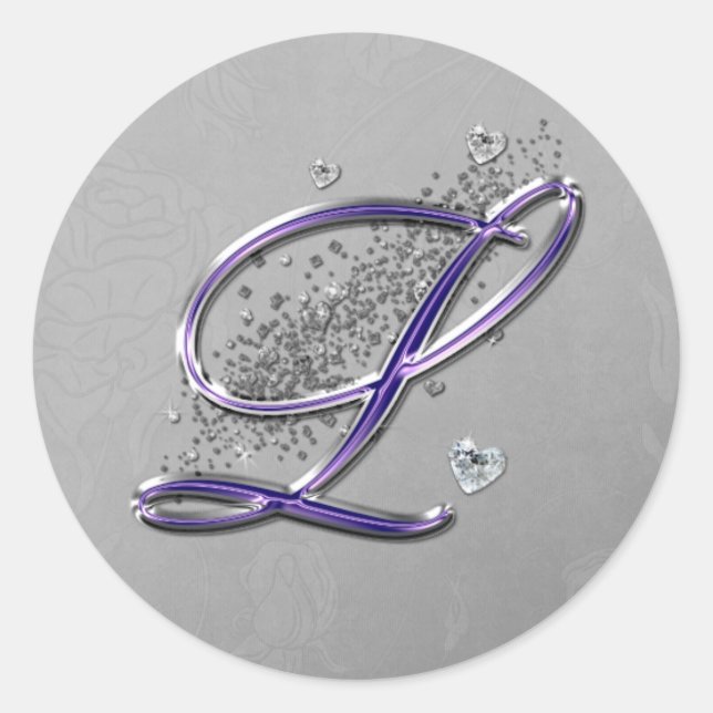 Purple and Silver Glitter Fancy Script Monogram L Classic Round Sticker (Front)
