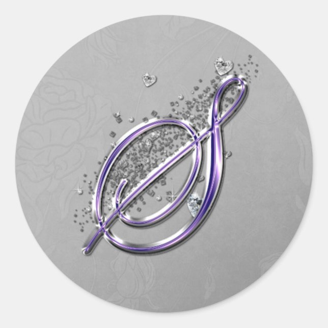 Purple and Silver Glitter Fancy Script Monogram S Classic Round Sticker (Front)