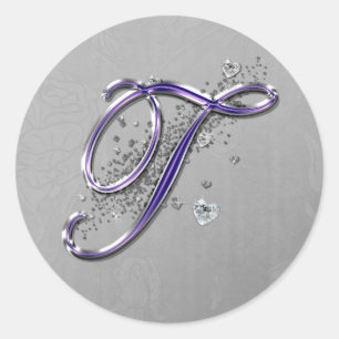 Purple and Silver Glitter Fancy Script Monogram T Classic Round Sticker