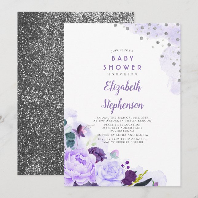 Purple and Silver Glitter Floral Baby Shower Invitation (Front/Back)