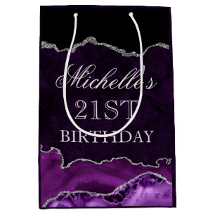Purple and Silver Glitter Marble Agate Birthday Medium Gift Bag