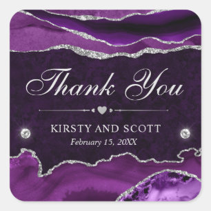 Purple and Silver Glitter Marble Agate Wedding Square Sticker