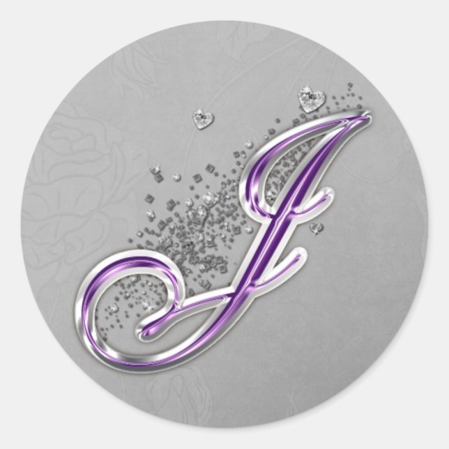 Purple and Silver Glitter Monogram J Sticker (Front)