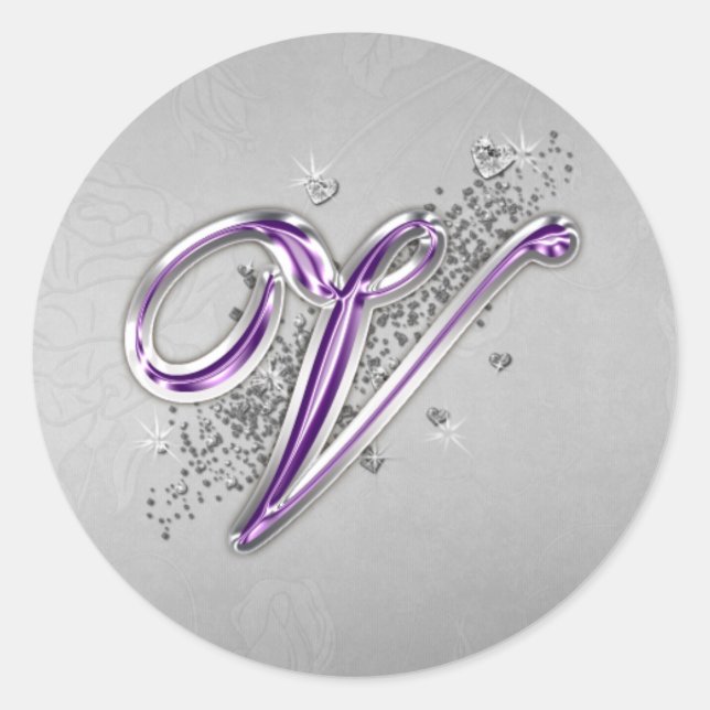 Purple and Silver Glitter Monogram V Sticker (Front)