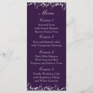 purple and silver grey wedding menu cards