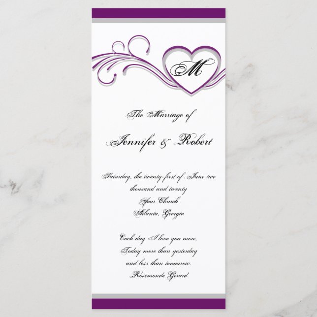 Purple and Silver Heart Monogram Wedding Program (Front)