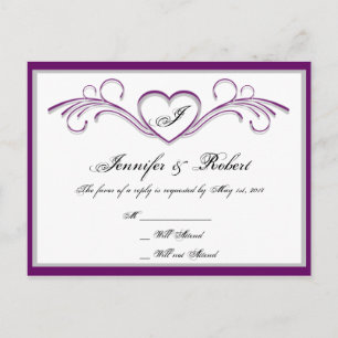 Purple and Silver Heart Scroll Monogram RSVP Invitation Postcard