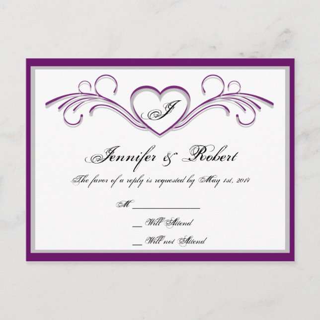 Purple and Silver Heart Scroll Monogram RSVP Invitation Postcard (Front)