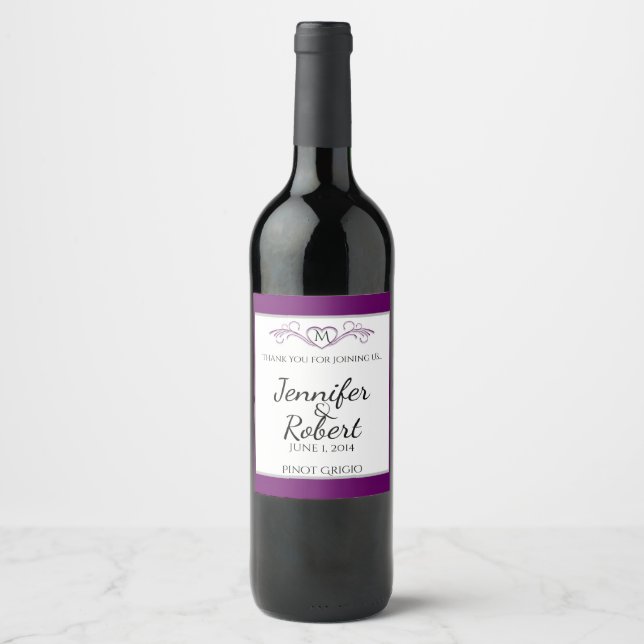 Purple and Silver Heart Scroll Monogram Wine Label (Front)