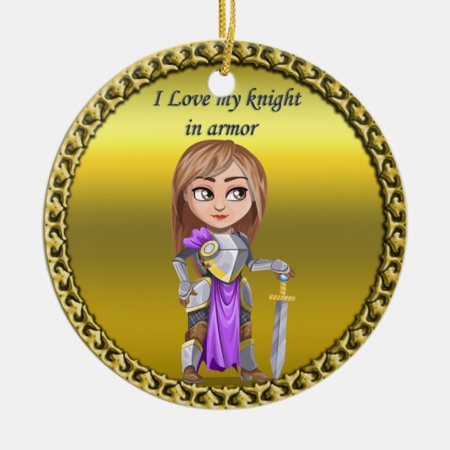 Purple and silver knight in her armour and sword ceramic ornament (Front)