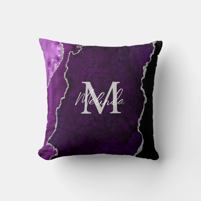 Purple and Silver Marble Agate Throw Pillow (Front)