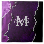 Purple and Silver Marble Agate Tile<br><div class="desc">This tile features an elegant and glamourous agate marble background with geode gemstone detailing and faux silver glitter accents. The monogram combines handwritten script and modern sans serif fonts for a classy and sophisticated look. This will make the ideal gift as it can be customized with a name and initial....</div>