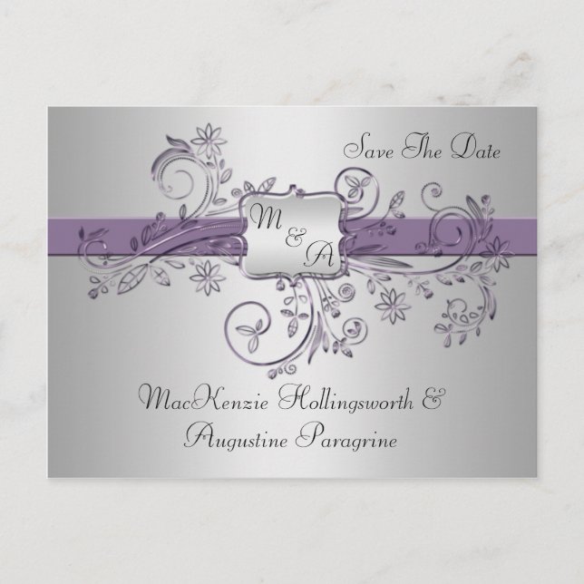 Purple and Silver Monogram Floral Swirls Save The Announcement Postcard (Front)