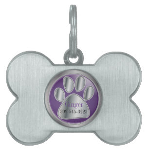 Purple and Silver Paw Print   Personalize Pet Tag